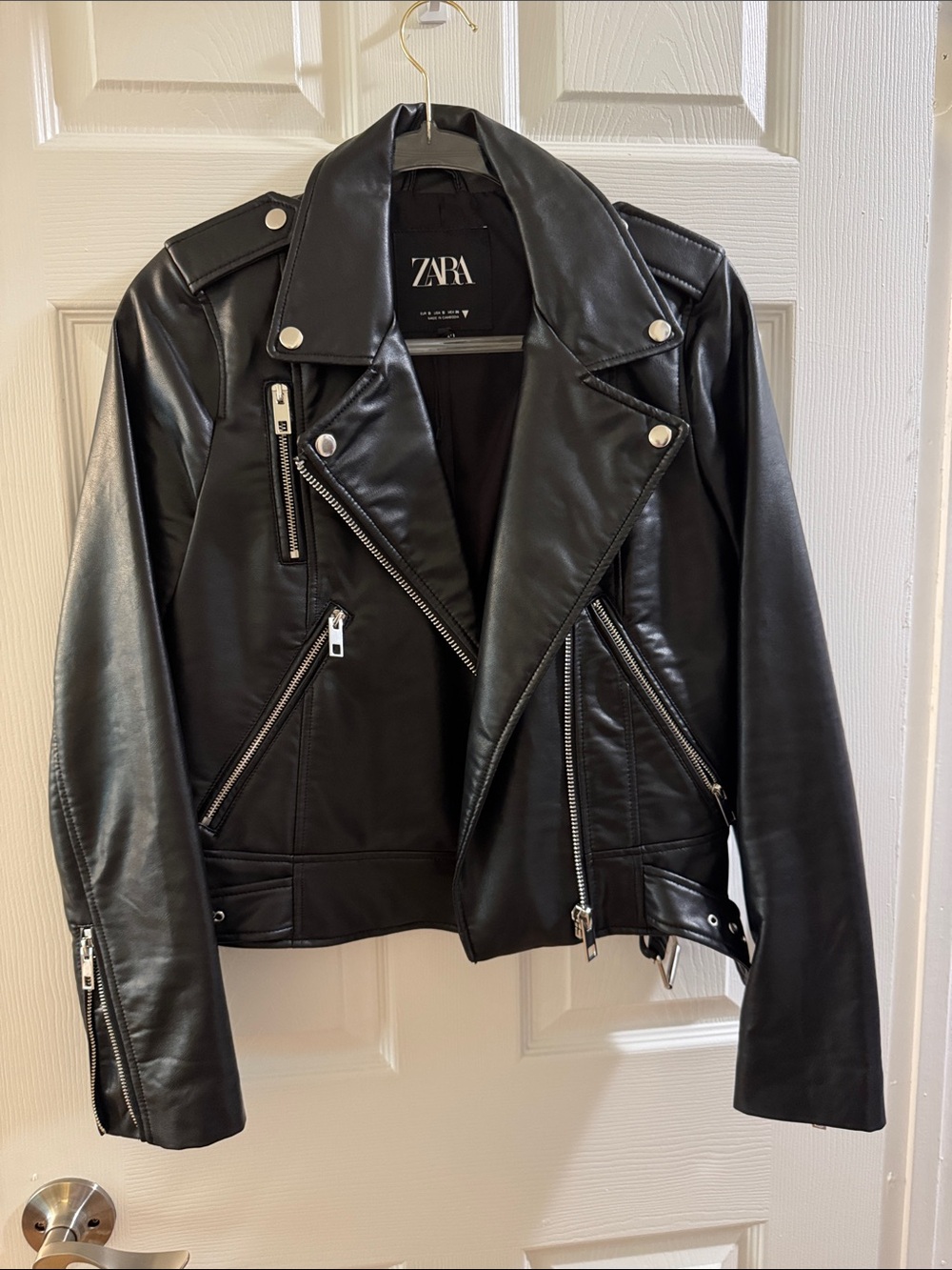 ZARA Black Faux Leather Biker Jacket with Silver Hardware